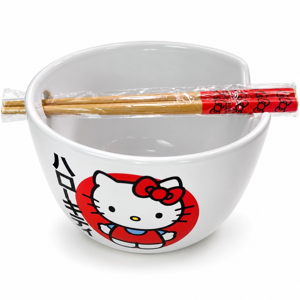 Hello Kitty 20oz Ceramic Ramen Bowl with Bamboo Chopsticks Silver Buffalo White
